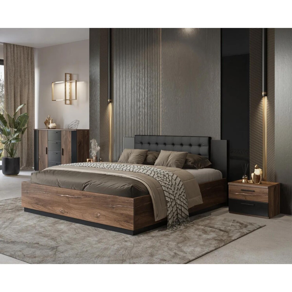 Łóżko SIGMA 160x200 dąb flagstaff miedziany/czarny mat z tapicerowanym zagłówkiem