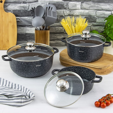 Zestaw 3 garnków z powłoką marmurową 2.3/4.5/6.5L garnki na indukcję komplet KINGHOFF