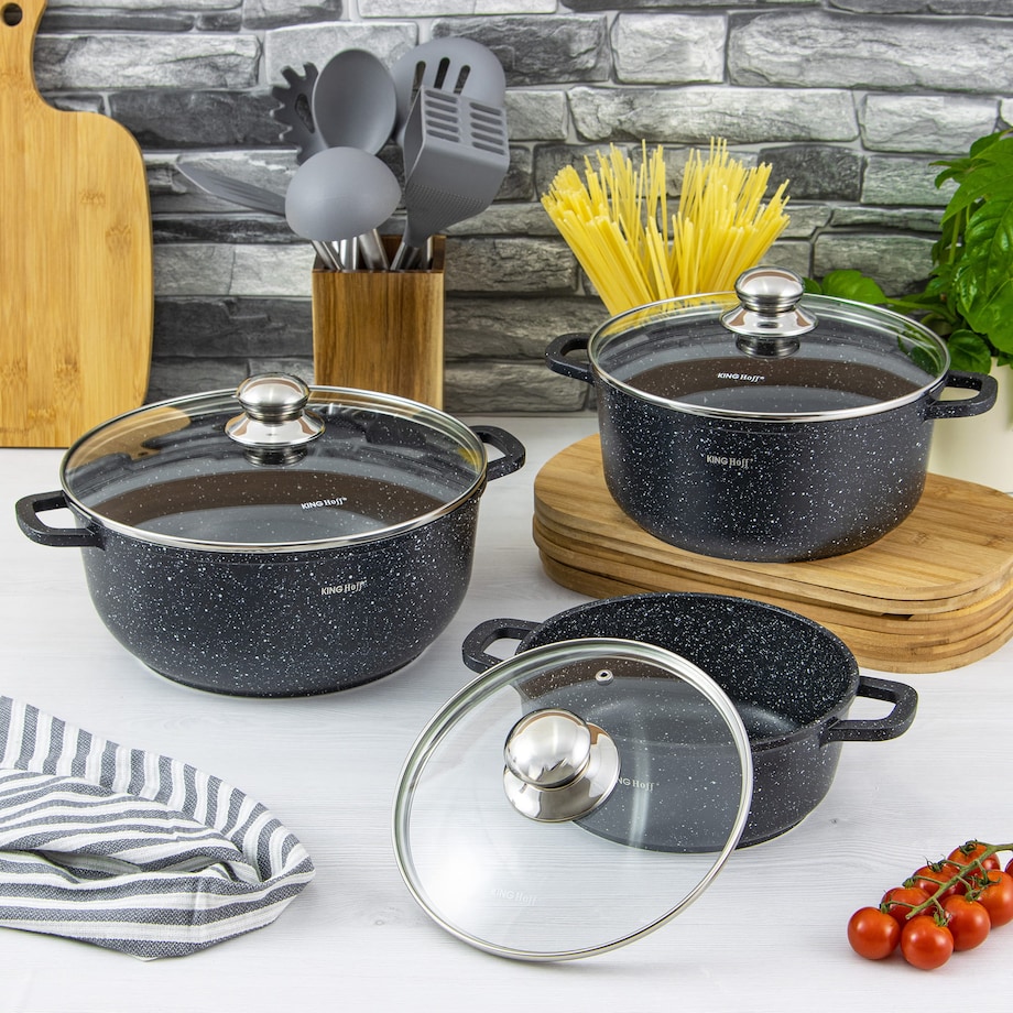 Zestaw 3 garnków z powłoką marmurową 2.3/4.5/6.5L garnki na indukcję komplet KINGHOFF