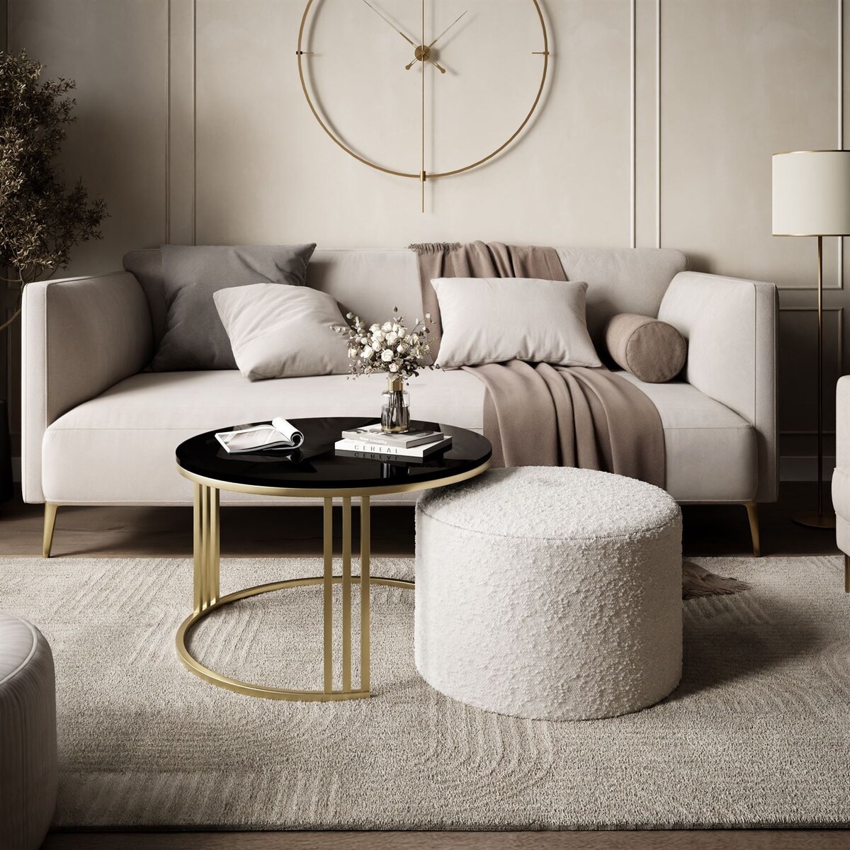 Stolik kawowy z pufą LORI POŁYSK złoto szczotkowane, czarny / Coral 65