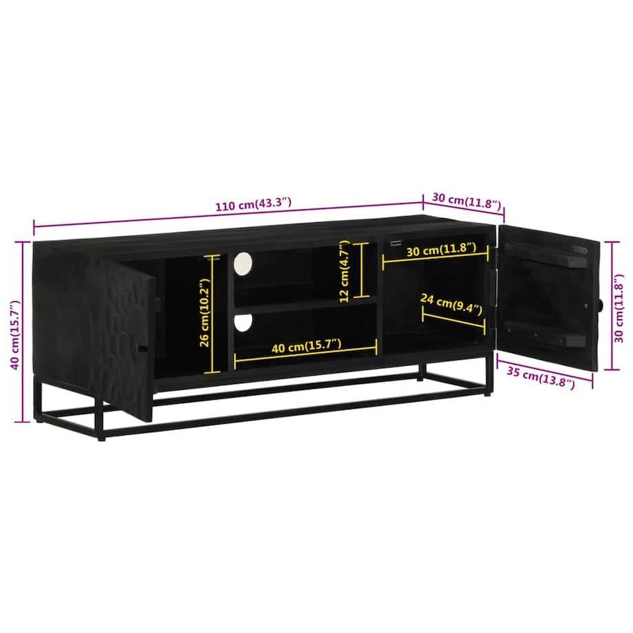 vidaXL Szafka pod TV, czarna, 110x30x40 cm, lite drewno mango i żelazo