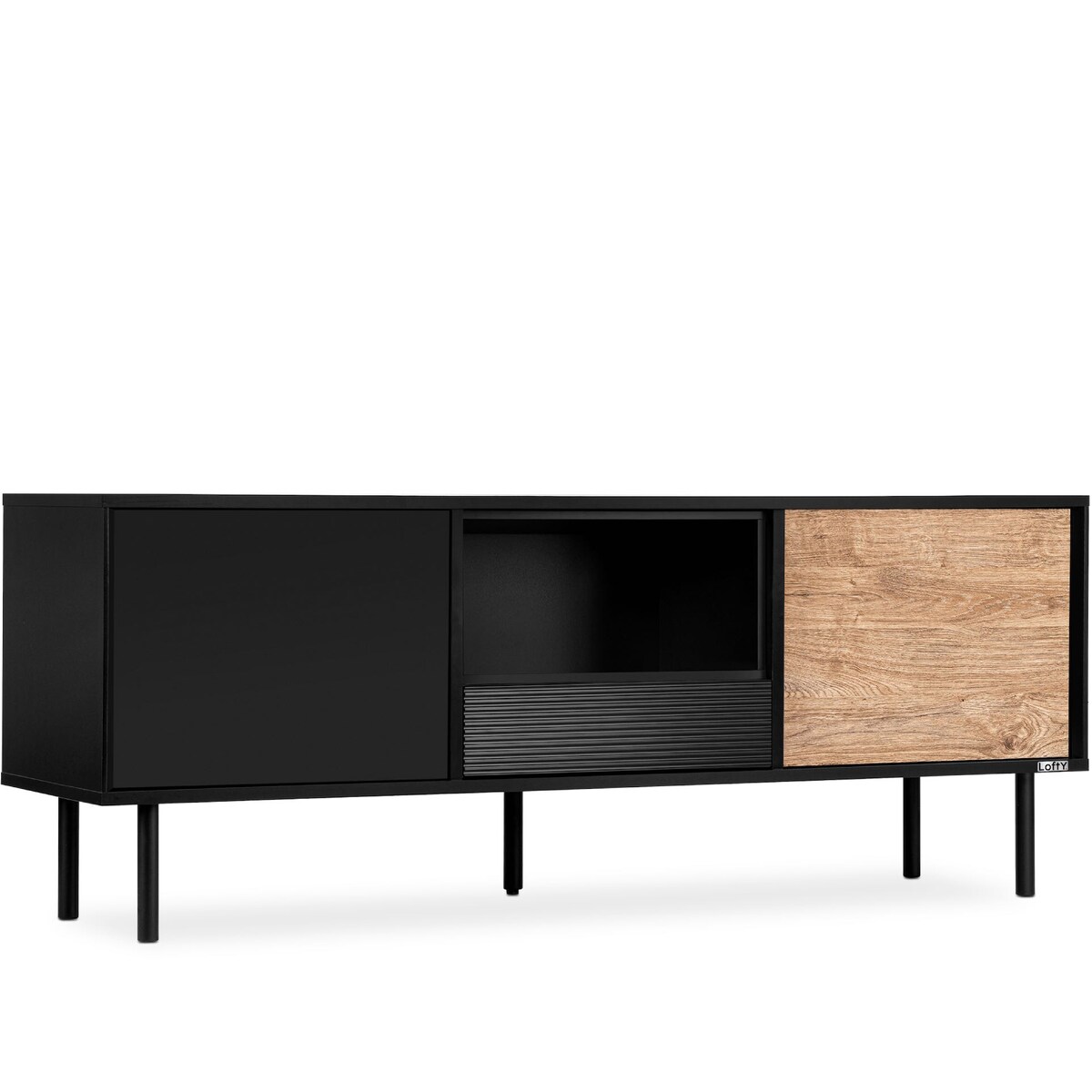 KONSIMO LOFTY Czarna szafka RTV w stylu loft z ryflowanym wykończeniem