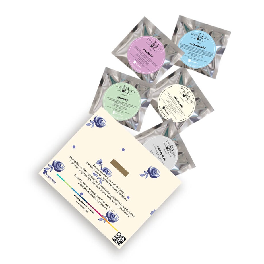 Gotowy zestaw prezentowy Życzenia dla Babci herbata sypana liściasta PREMIUM 5 saszetek MIX różne smaki prezent upominek na Dzień Babci