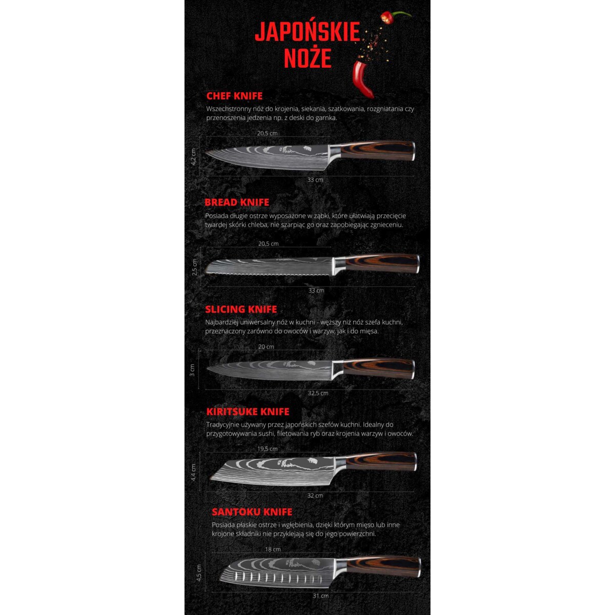 Noże japońskie zestaw 10szt. Muteki w pudełku prezentowym Stal wysokowęglowa