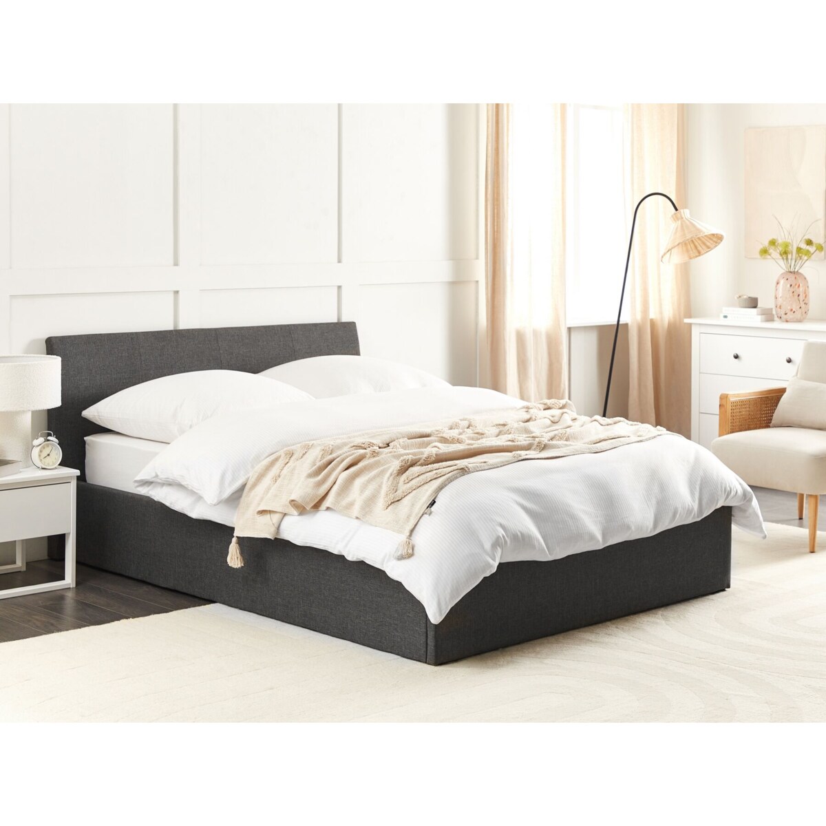 Łóżko z pojemnikiem tapicerowane 140 x 200 cm szary ORBEY