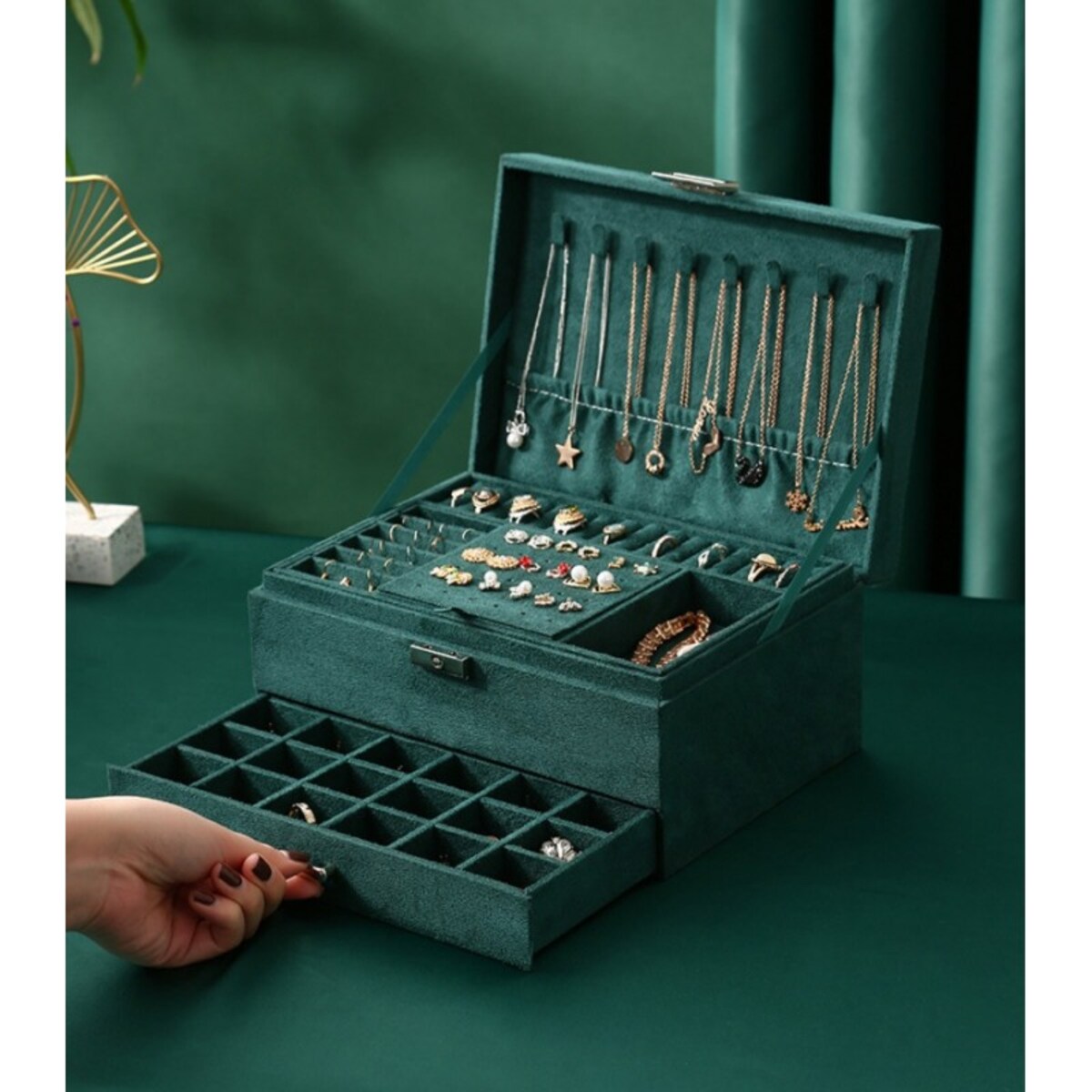 Szkatułka na biżuterię kuferek etui organizer butelkowa zieleń PD119