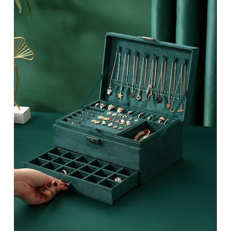 Szkatułka na biżuterię kuferek etui organizer butelkowa zieleń PD119