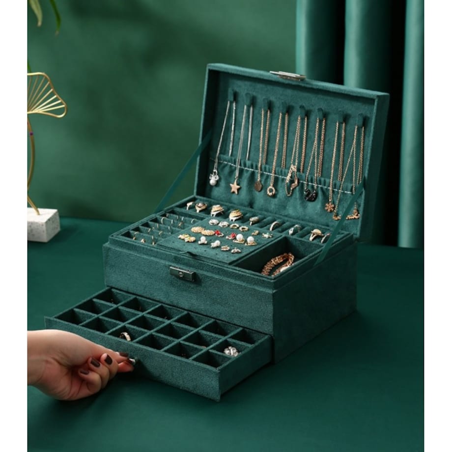 Szkatułka na biżuterię kuferek etui organizer butelkowa zieleń PD119