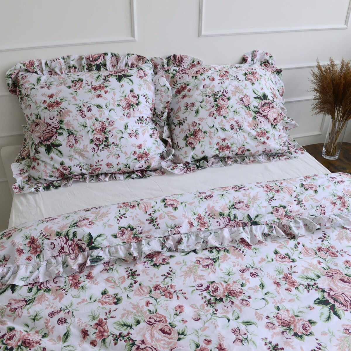 Pościel bawełniana z falbanką retro kwiaty 140x200 + 70x80