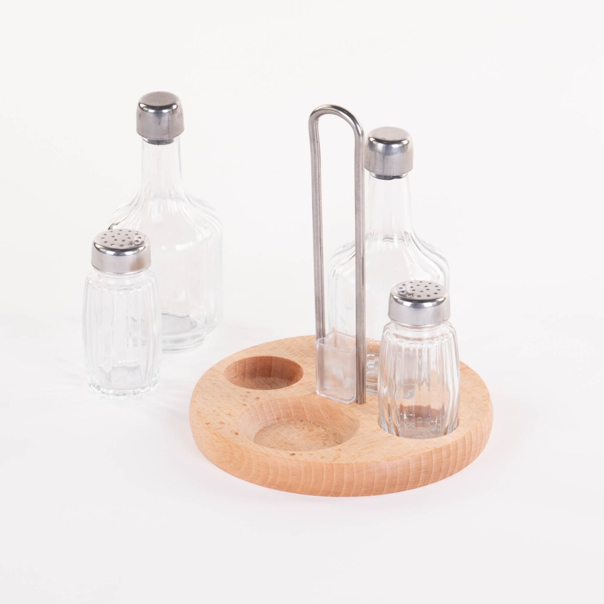 Zestaw na przyprawy, ze szklanym dozownikiem do octu i oliwy