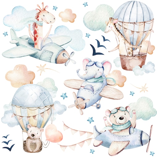 Naklejki Dla Dzieci Zwierzątka Misie Żyrafy Balony Chmurki Gwiazdy ZESTAW 120x60cm