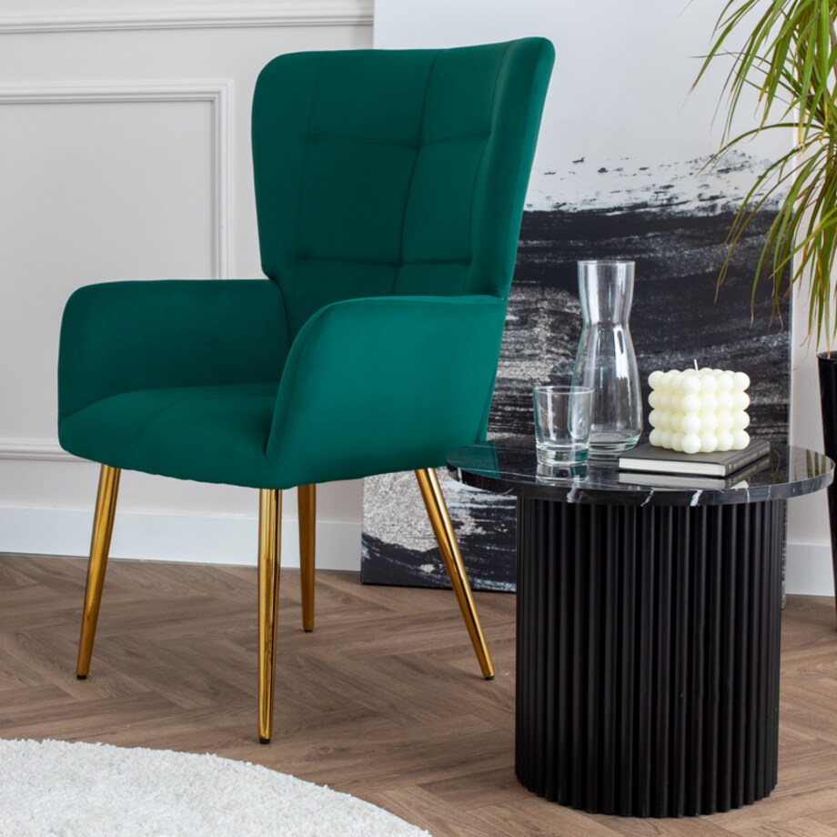 Fotel uszak do salonu wypoczynkowy welurowy tapicerowany zielony złote nogi