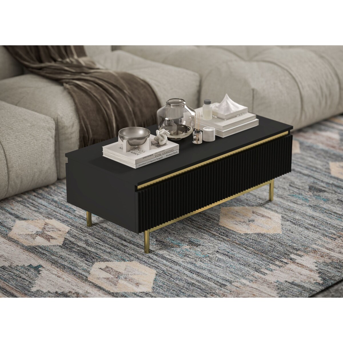Stolik kawowy Glamour prostokątny elegancka ława Czarny Mat Stelaż w złotym kolorze 109 cm