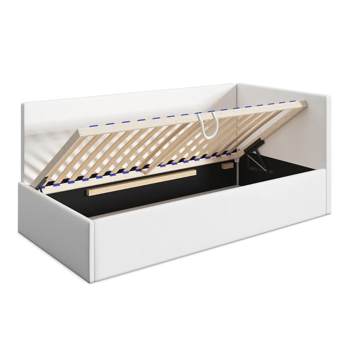 Łóżko młodzieżowe SORA 90x200 szare z tapicerowanym panelem i pojemnikiem na pościel