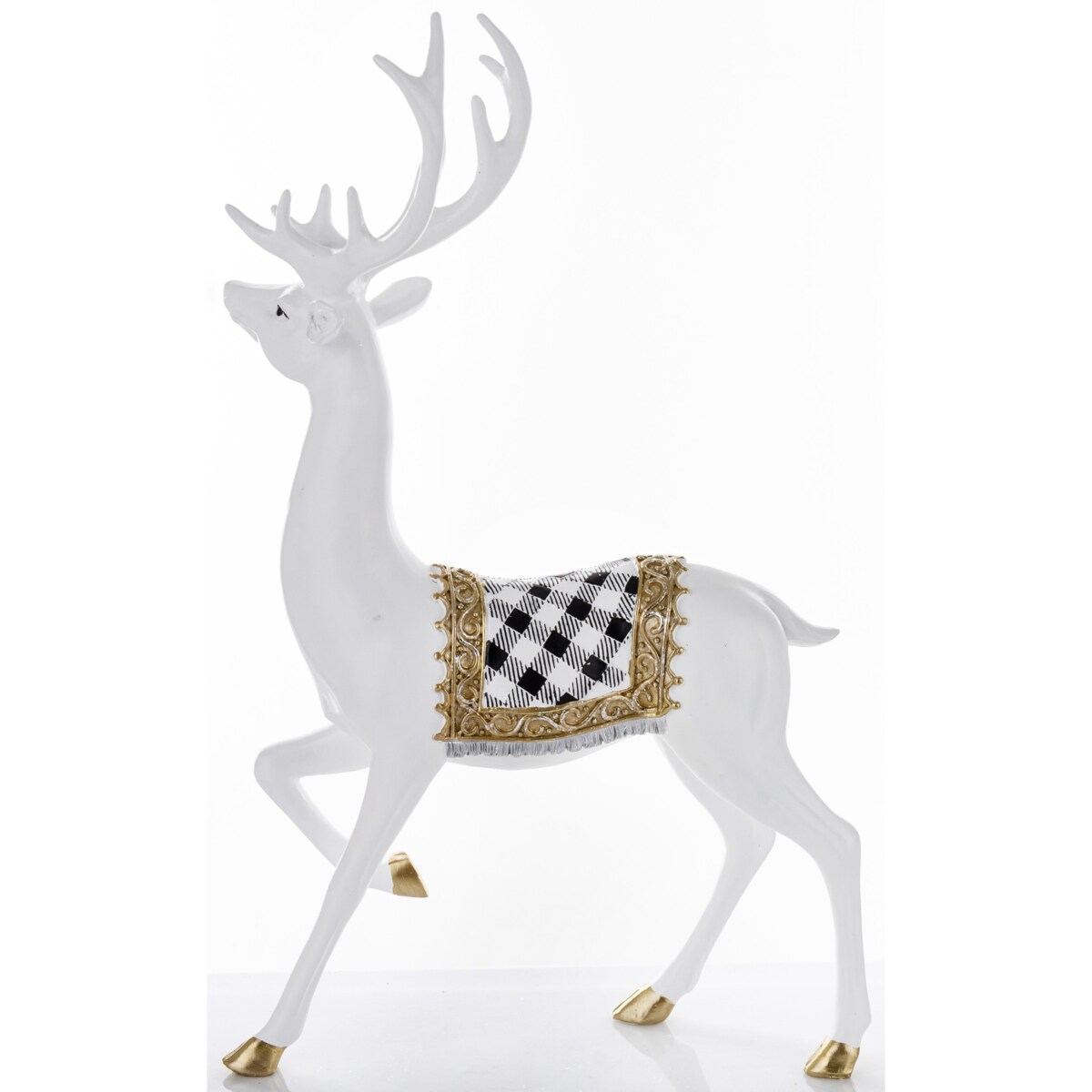 Figurka - spacer białego jelenia 46x28x14 cm BOLLERO-3 z czaprakiem w szachownicę