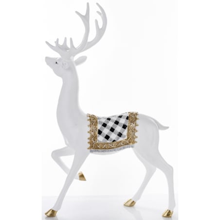 Figurka - spacer białego jelenia 46x28x14 cm BOLLERO-3 z czaprakiem w szachownicę