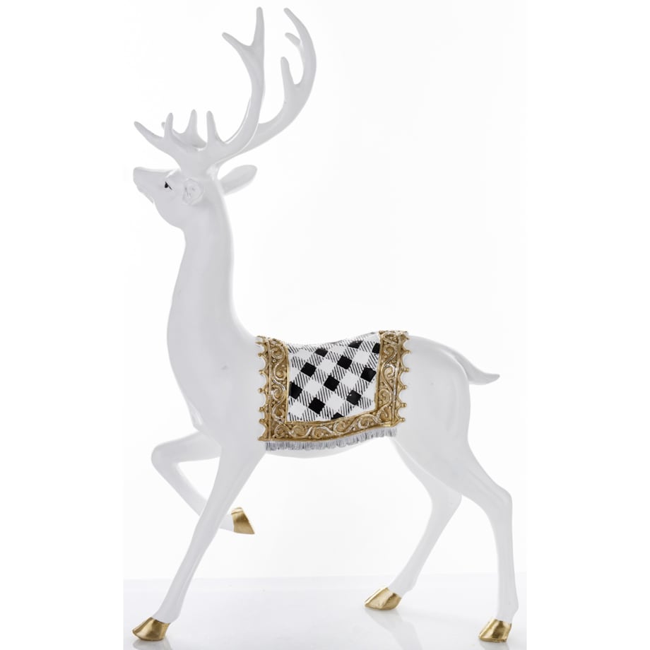 Figurka - spacer białego jelenia 46x28x14 cm BOLLERO-3 z czaprakiem w szachownicę