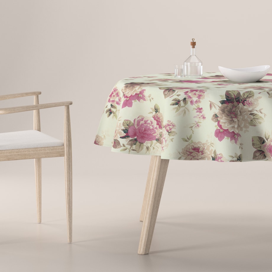 Obrus okrągły 130 x 130 cm różowo-beżowe róże na kremowym tle