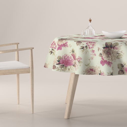 Obrus okrągły 130 x 130 cm różowo-beżowe róże na kremowym tle