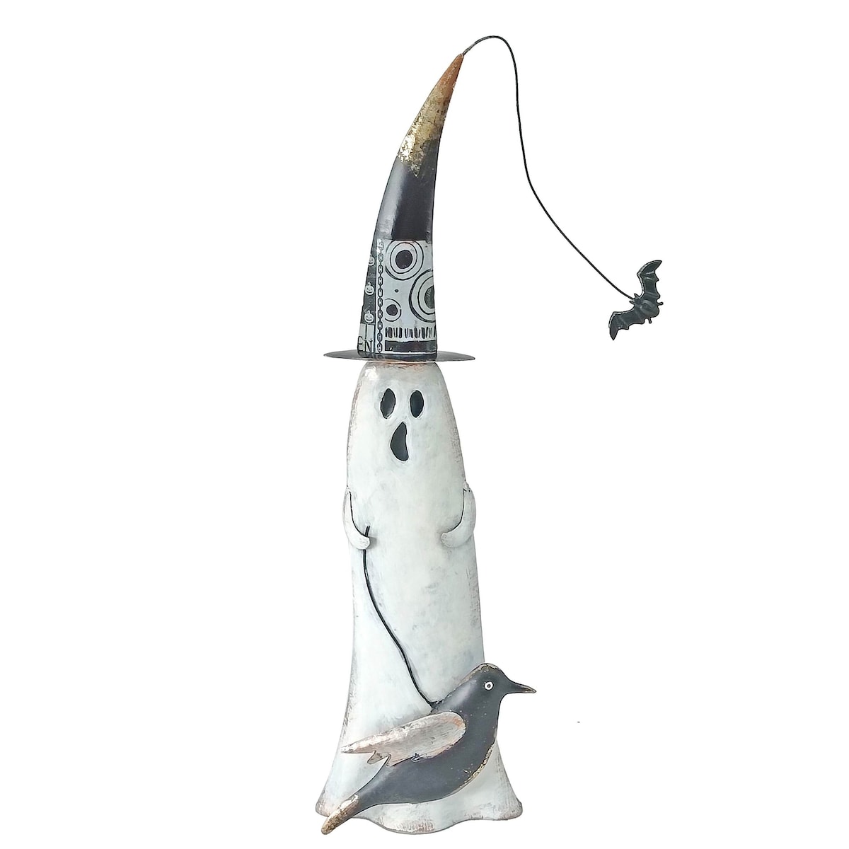 Dekoracja Halloween - Figurka metalowa biały duch 59x17x10 cm MULTO z ptaszkiem