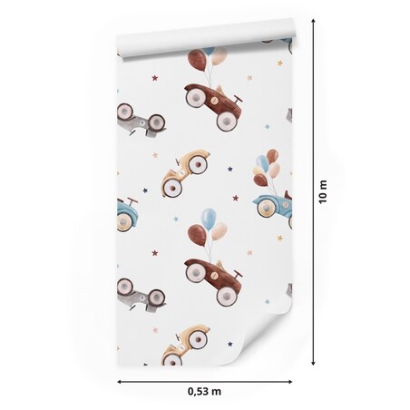 Tapeta Dziecięca Retro SAMOCHODY Baloniki Gwiazdki