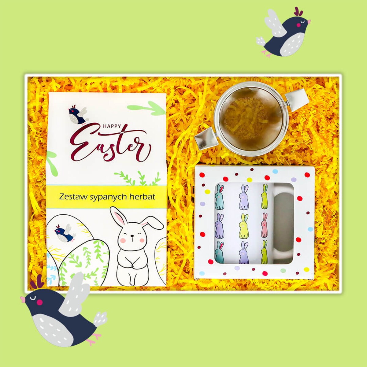 Box wielkanocny - zestaw herbat sypanych kubek zaparzacz ze stali nierdzewnej - paczka prezent upominek na Wielkanoc Zajączka dla kobiety faceta