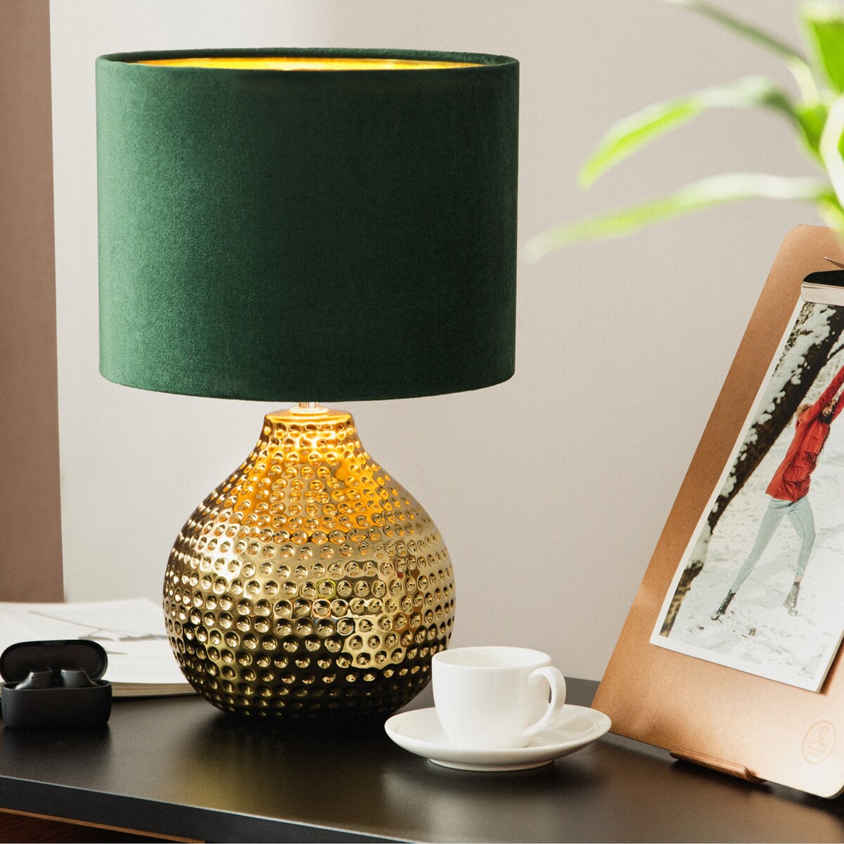 KONSIMO NIPER elegancka lampa stołowa złoto-zielony