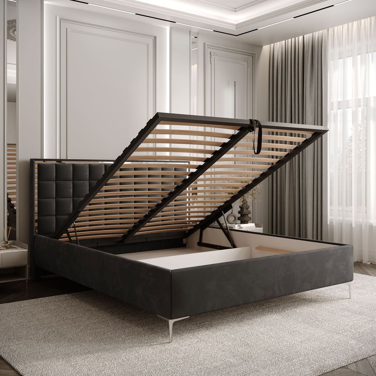 Łóżko tapicerowane ISADORA SILVER, pojemnik na pościel, stelaż 34, 140x200, RV 185