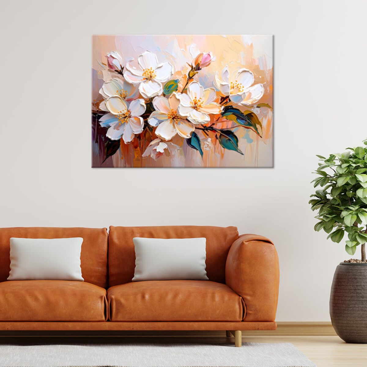 Feeby Obraz do salonu sypialni, Malowane Białe Kwiaty w beżu 90x60