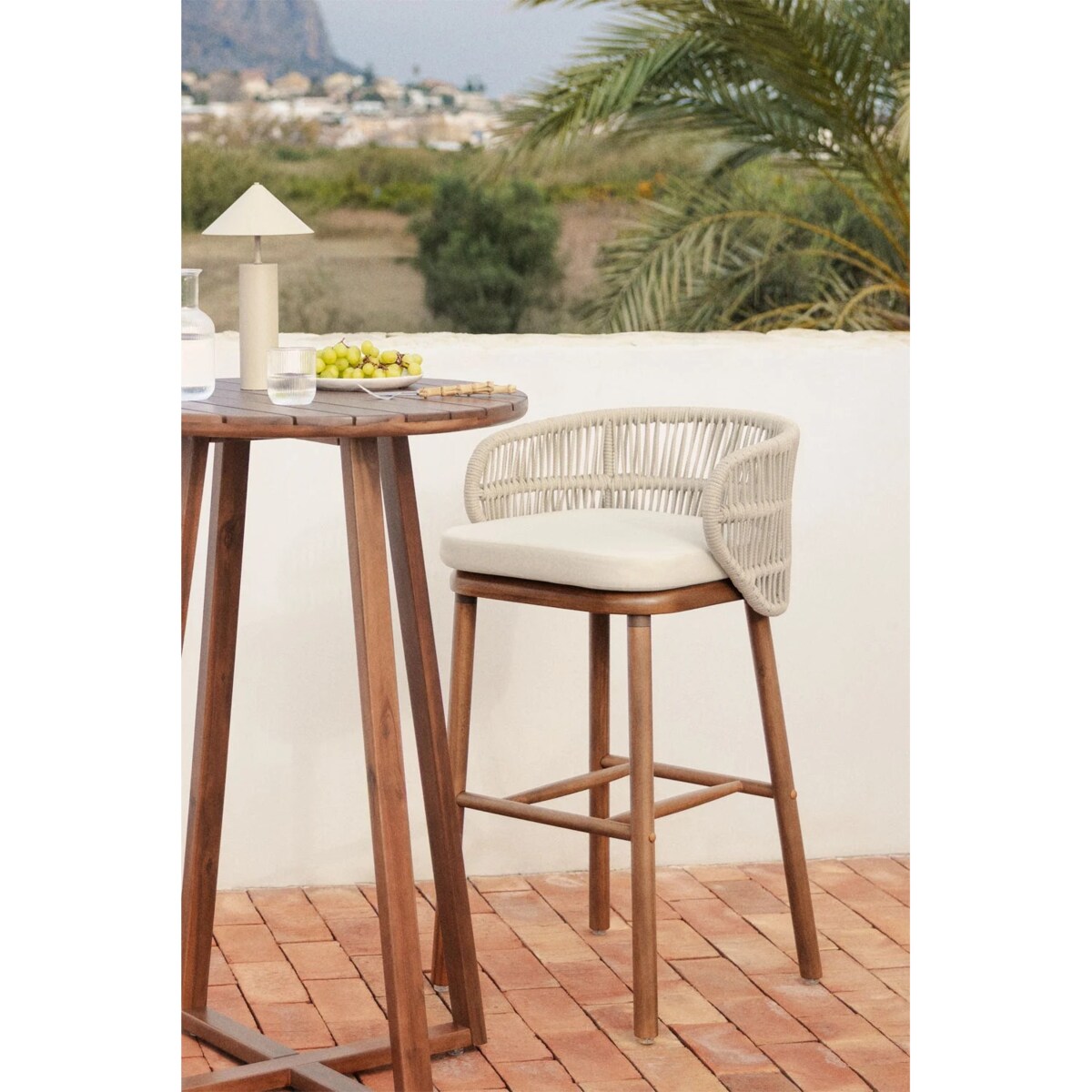 Krzesło barowe, ogrodwe, drewno akacji + pleciony sznurek Capri, ↑65 cm