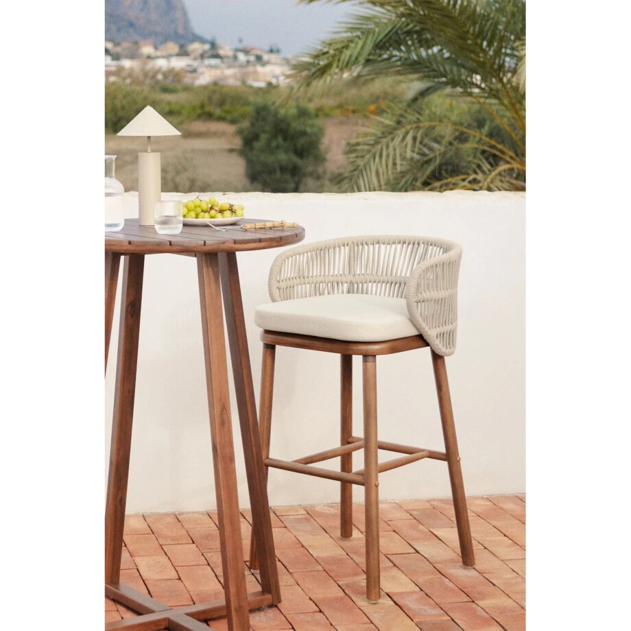Krzesło barowe, ogrodwe, drewno akacji + pleciony sznurek Capri, ↑65 cm