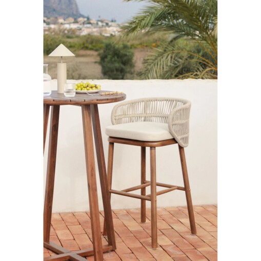 Krzesło barowe, ogrodwe, drewno akacji + pleciony sznurek Capri, ↑65 cm