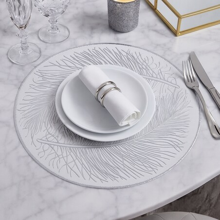 Podkładka dekoracyjna na stół "pióra" śr 38cm | biały/srebro