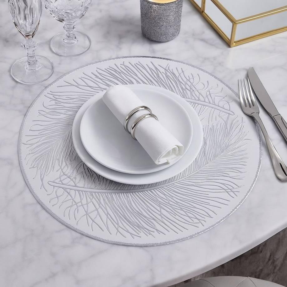 Podkładka dekoracyjna na stół "pióra" śr 38cm | biały/srebro