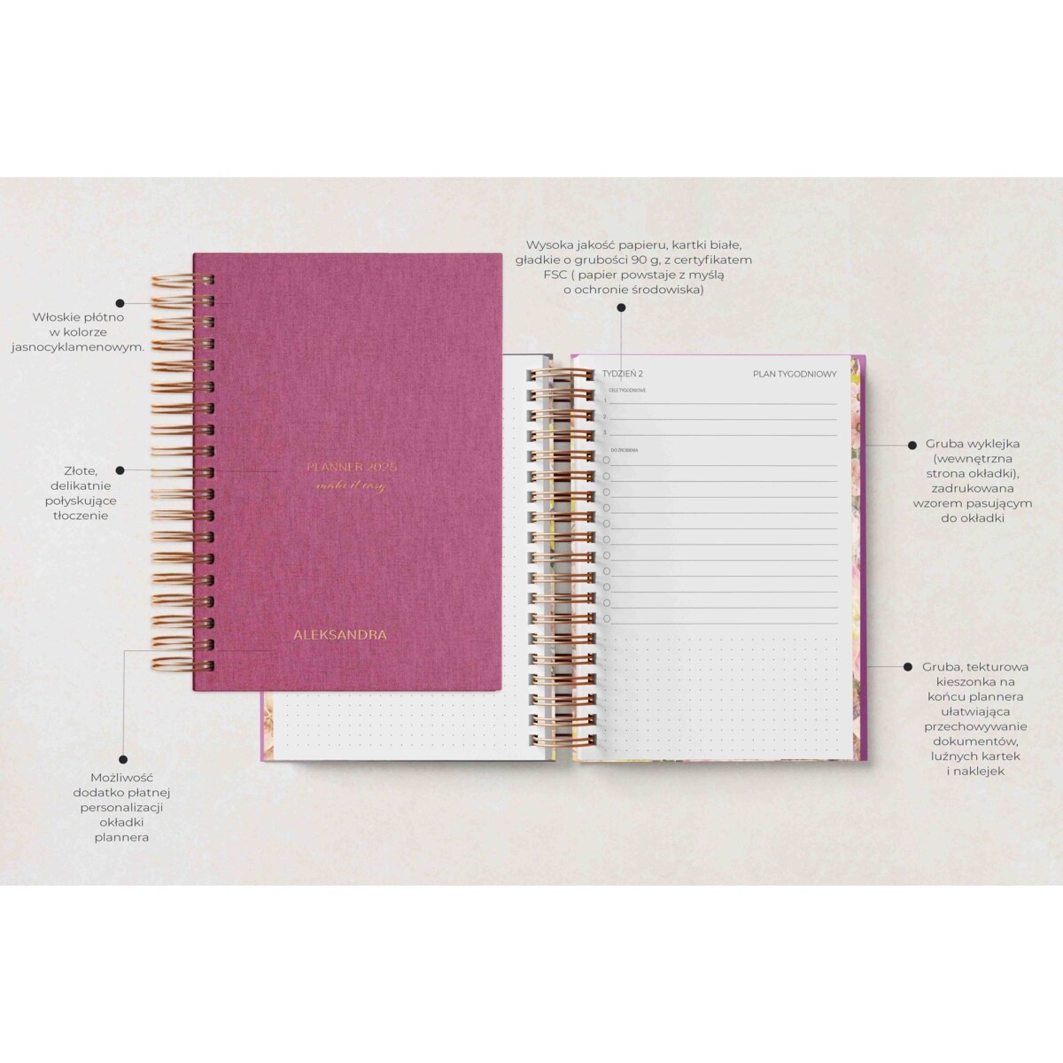 Planner dzienny na spirali 2025 – Poema Rosado