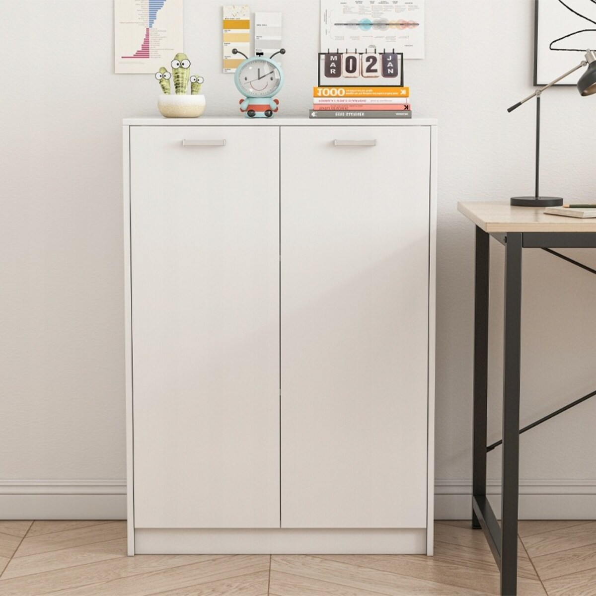 Regał biurowy 2-drzwiowy z półkami słupek szafka stojąca biały loft 108 cm