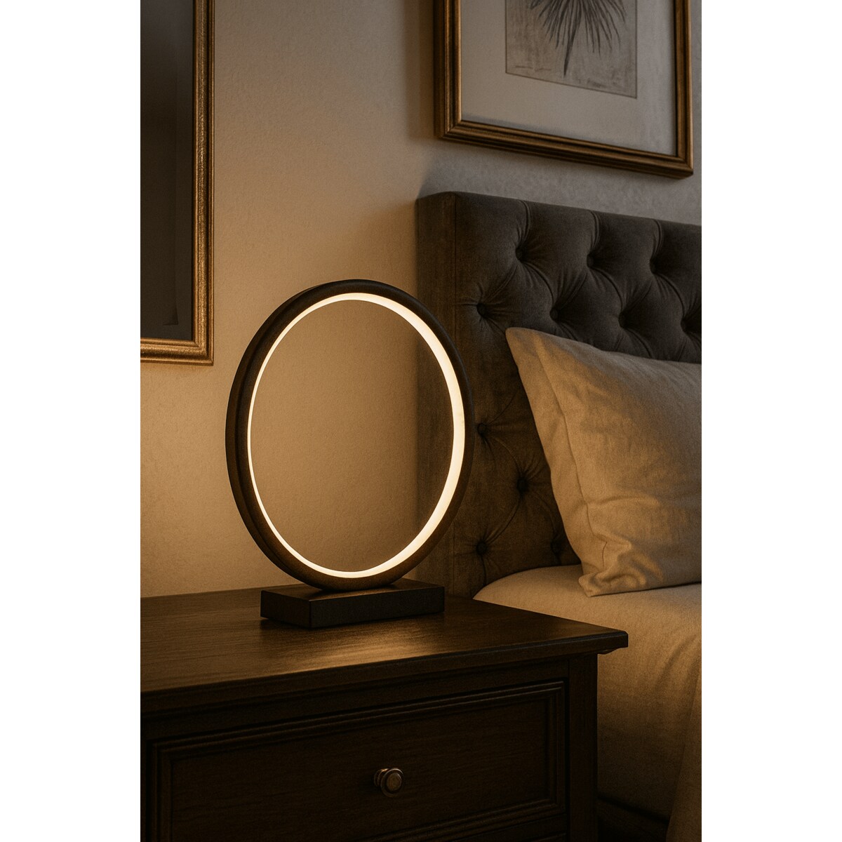 LAMPA STOŁOWA RAVELLA M OBRĘCZ BRĄZOWA IMITACJA DREWNA PODSTAWA CZARNY MARMUR