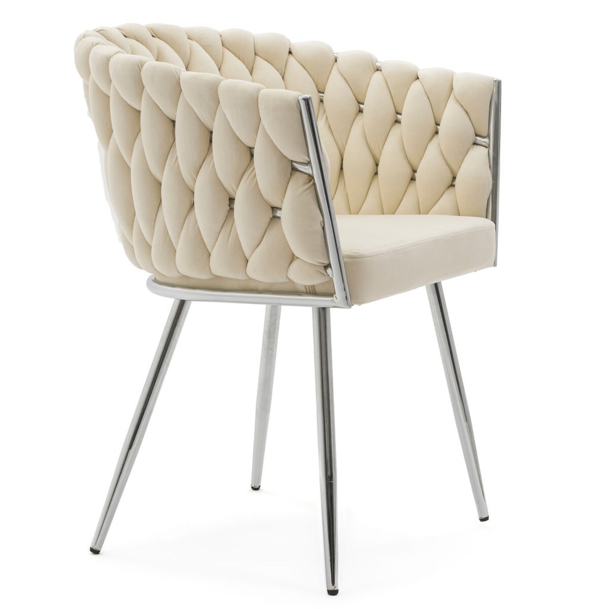 KRZESŁO GLAMOUR DO SALONU PLECIONE OPARCIE BEŻOWE SREBRNE NOGI WLUROWE