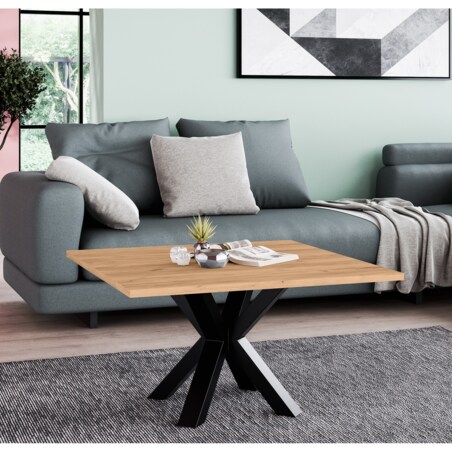 Stolik kawowy NEO kwadratowy 60x60 z metalową podstawą- dąb craft złoty