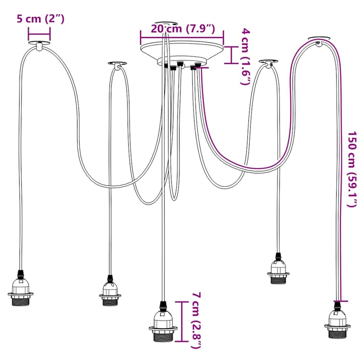 vidaXL Lampa wisząca z 5 uchwytami na żarówki E27 Czarny metal
