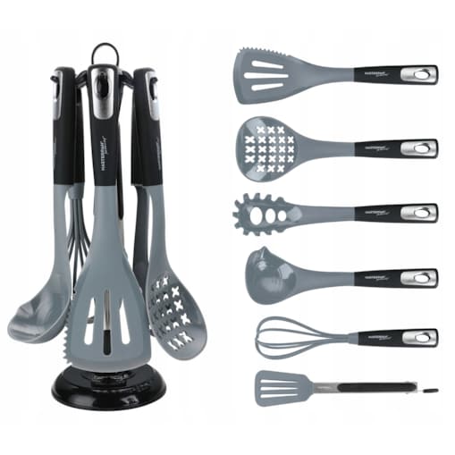 Zestaw Przyborów Kuchennych 7 El. Komplet Łyżka Trzepaczka Szczypce Stojak