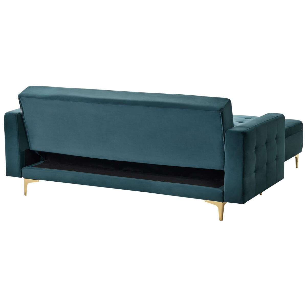 Sofa rozkładana welurowa z otomaną ze schowkiem zielona ABERDEEN