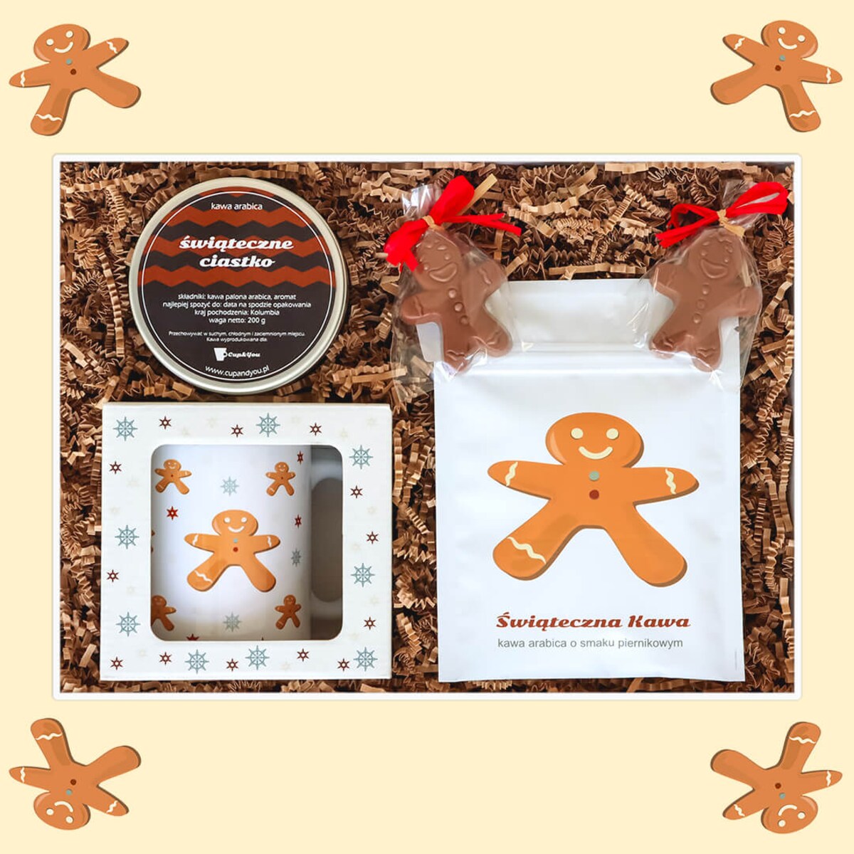 Gotowy zestaw prezentowy "Ginderbread Box" kawa smakowa PREMIUM kubek ciastko z mlecznej czekolady kawa piernikowa prezent na gwiazdkę święta pod choinkę dla mamy taty żony męża chłopaka dziewczyny