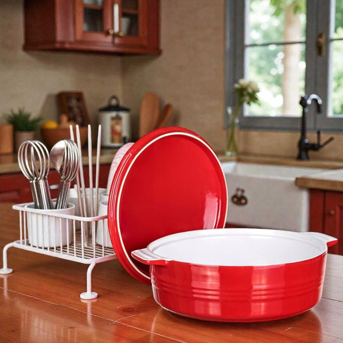 NACZYNIE CERAMICZNE Z POKRYWĄ DO ZAPIEKANIA 26 cm 3L czerwone na prezent