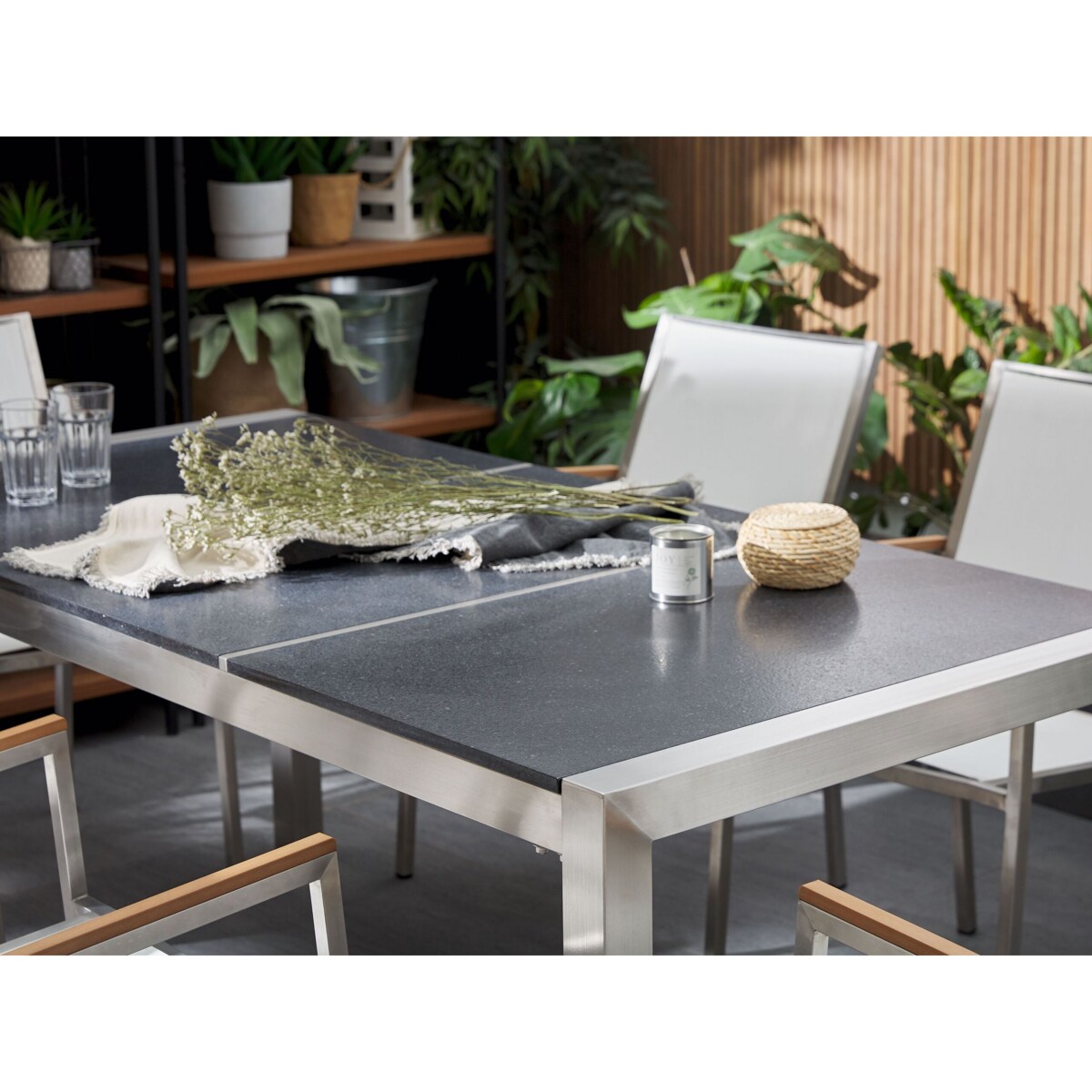 Zestaw ogrodowy dla 6 osób GROSSETO Blat dzielony Bazalt Płomieniowany Czarny/ szary