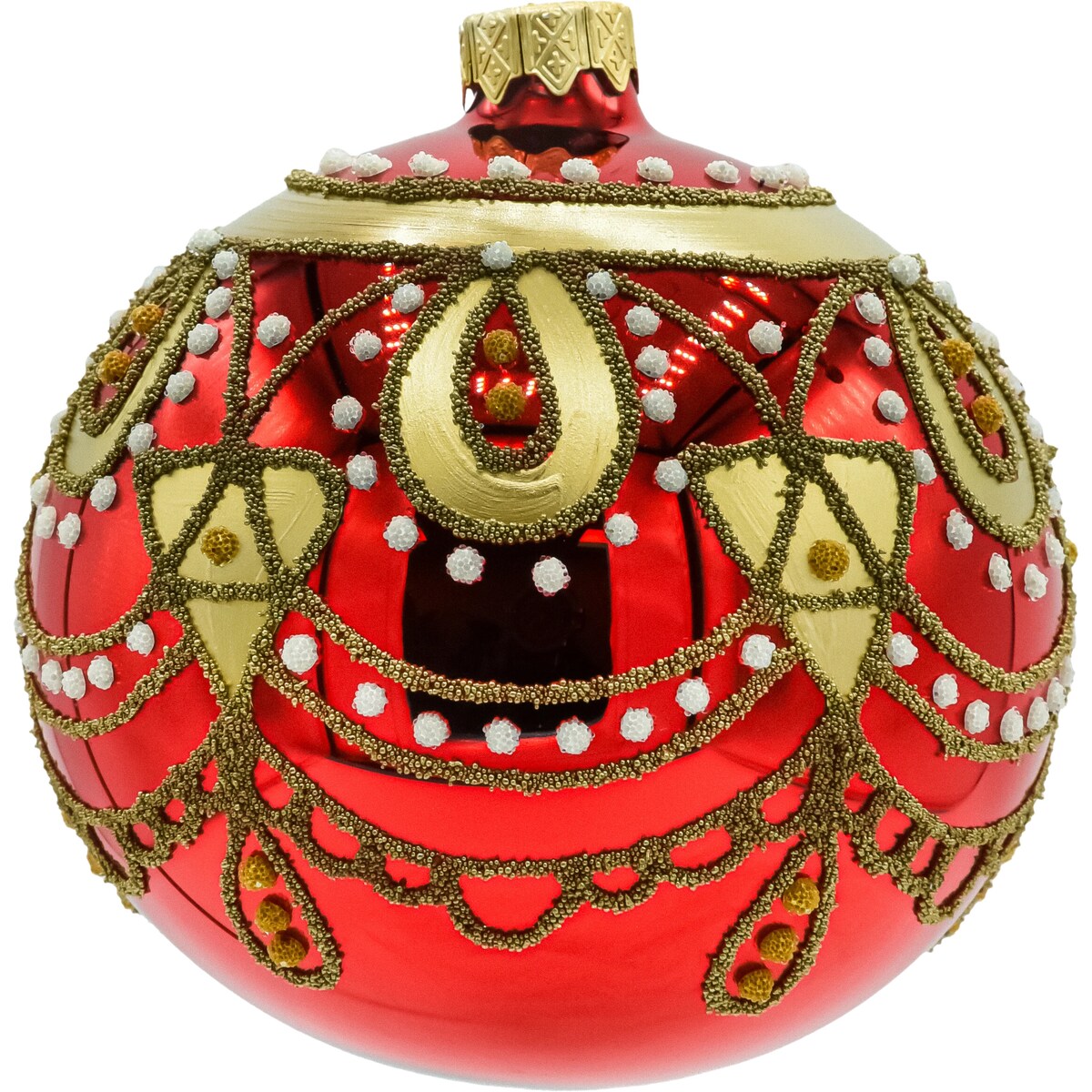 Bombki czerwone ze złotym ornamentem i kryształkami