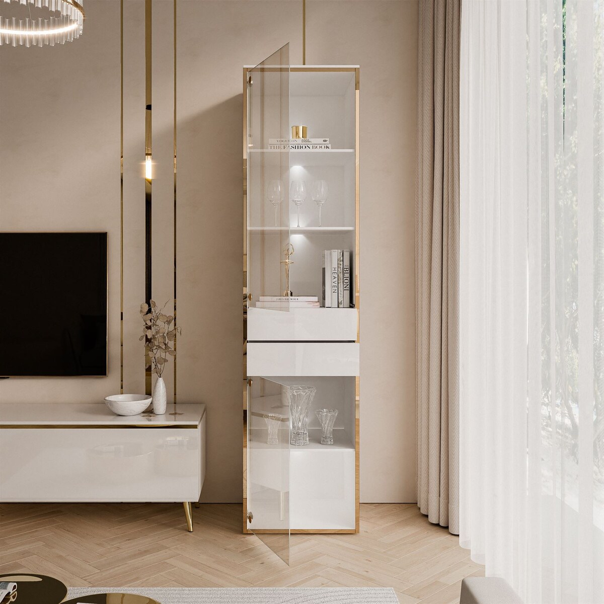 Witryna AURORA z oświetleniem LED biały połysk na ślizgach