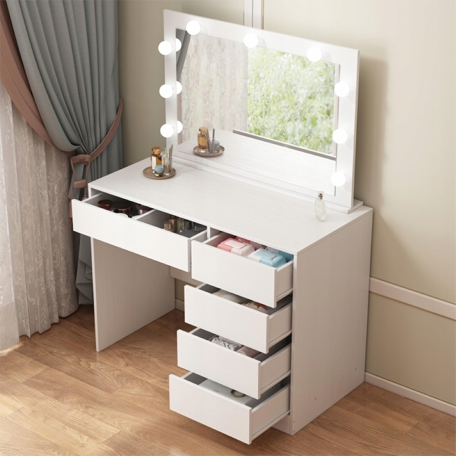 Toaletka kosmetyczna do makijażu wizażu z lustrem led nowoczesna glamour biała