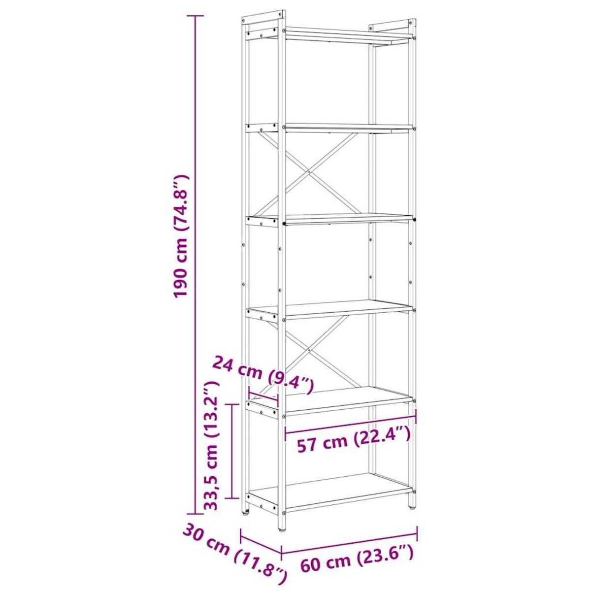 vidaXL Półka na książki Szary dąb sonoma 60 x 30 x 188 cm