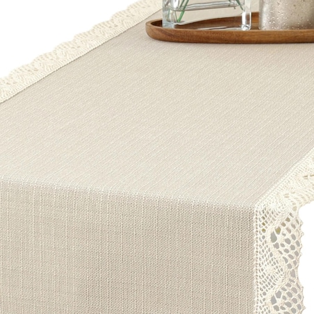 Bieżnik plamoodporny P130 cappucino z koronką K205 ecru - 40x220 cm - beżowy